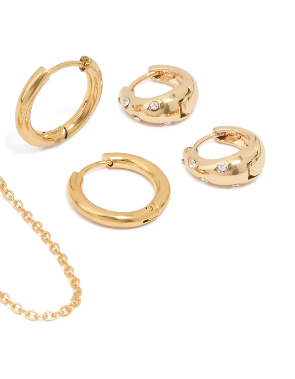 Waterproof Gold Plated Stainless Steel Cubic Zirconia & Sleek Huggie Earrings 3-Pack - Image 3