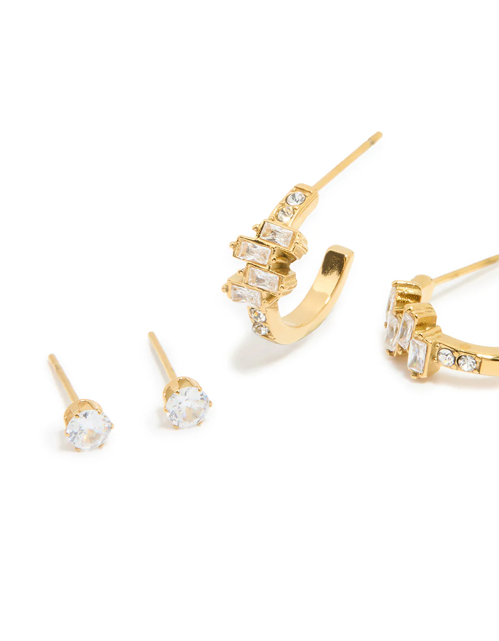 Waterproof Gold Plated Stainless Steel Cubic Zirconia Stacking Earrings 2-Pack - Image 2