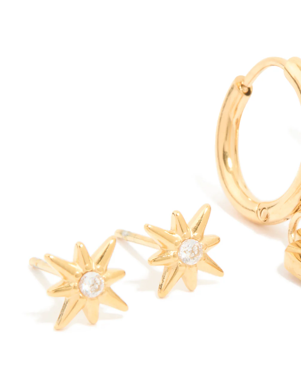 Waterproof Gold Plated Stainless Steel Cubic Zirconia Star Disc & Huggie Earrings 3-Pack - Image 2