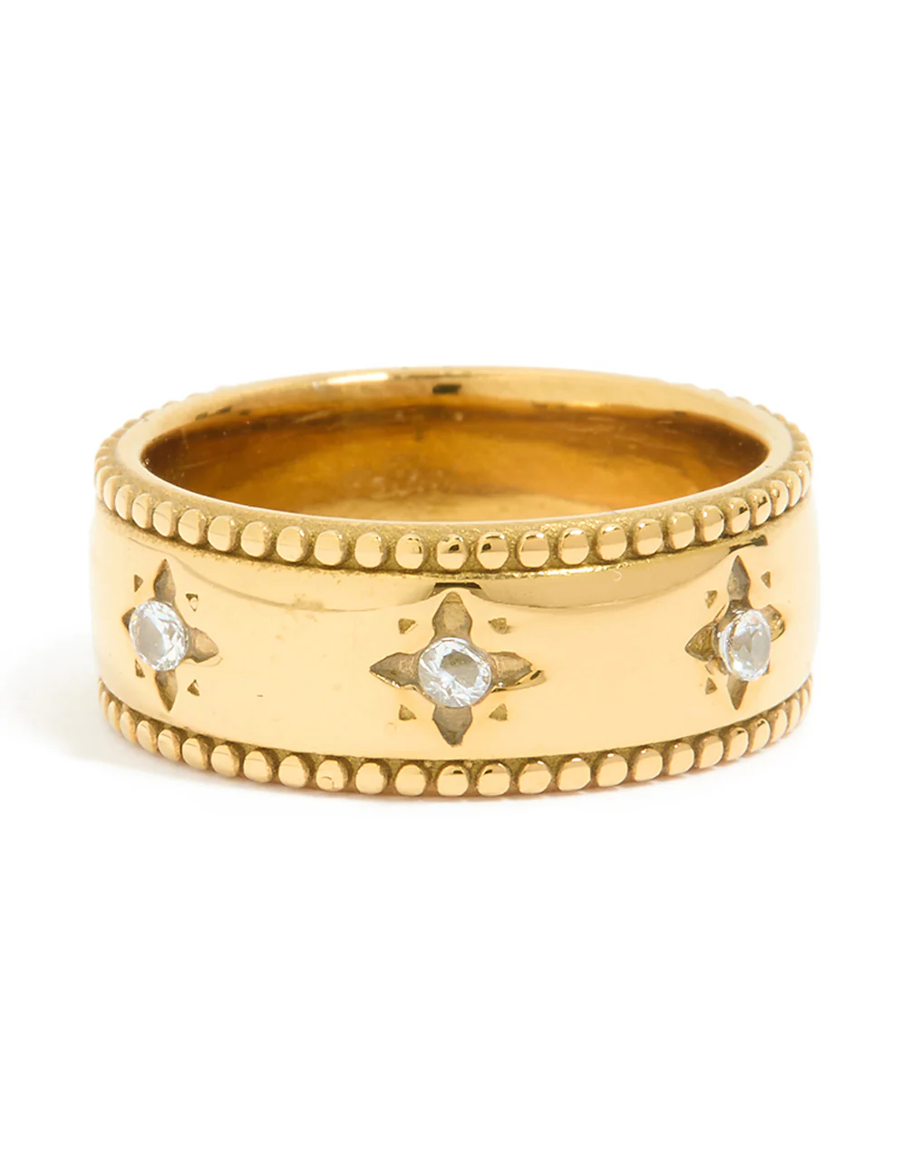 Waterproof Gold Plated Stainless Steel Cubic Zirconia Star Thick Band Ring - Image 3