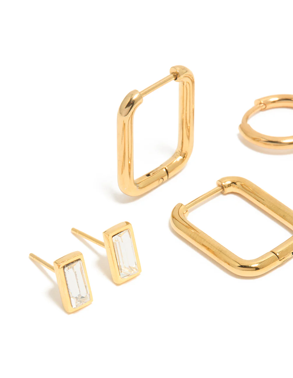 Waterproof Gold Plated Stainless Steel Cubic Zirconia Stud & Hoop Earrings 3-Pack - Image 2