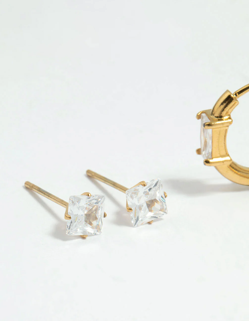 Waterproof Gold Plated Stainless Steel Cubic Zirconia Stud & Huggie Earrings 2-Pack - Image 4