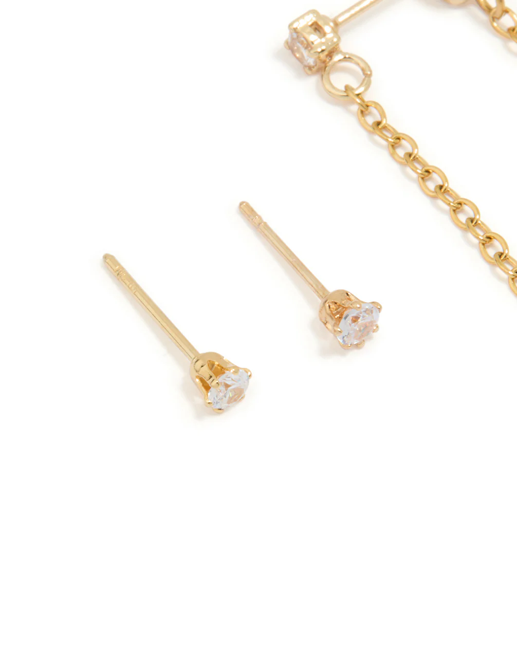 Waterproof Gold Plated Stainless Steel Cubic Zirconia Studs & Dainty Chain Earrings 2-Pack - Image 2