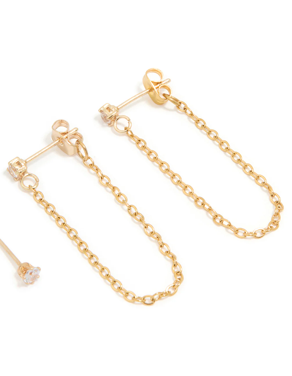 Waterproof Gold Plated Stainless Steel Cubic Zirconia Studs & Dainty Chain Earrings 2-Pack - Image 3