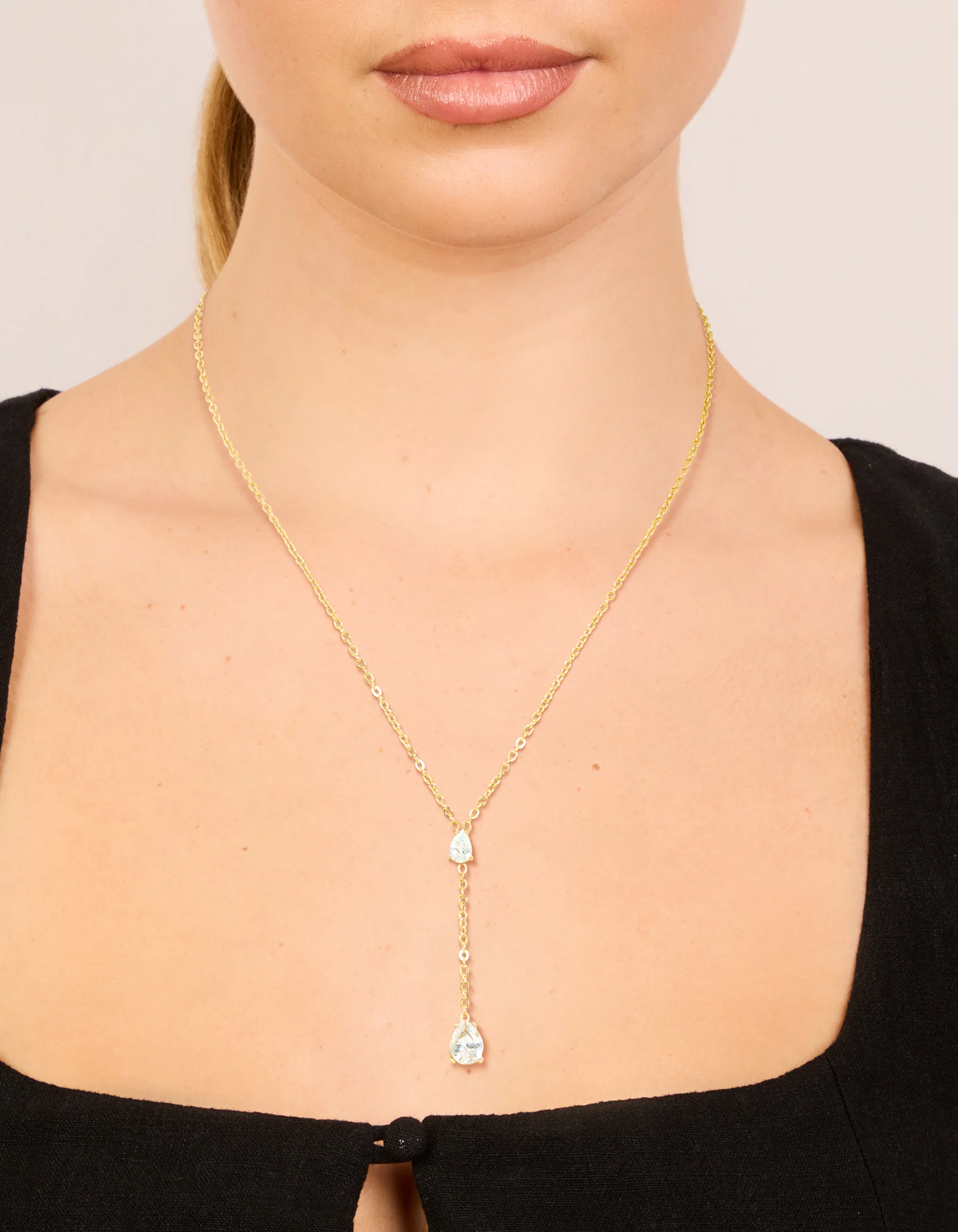 Waterproof Gold Plated Stainless Steel Cubic Zirconia Teardrop Y-Necklace - Image 6