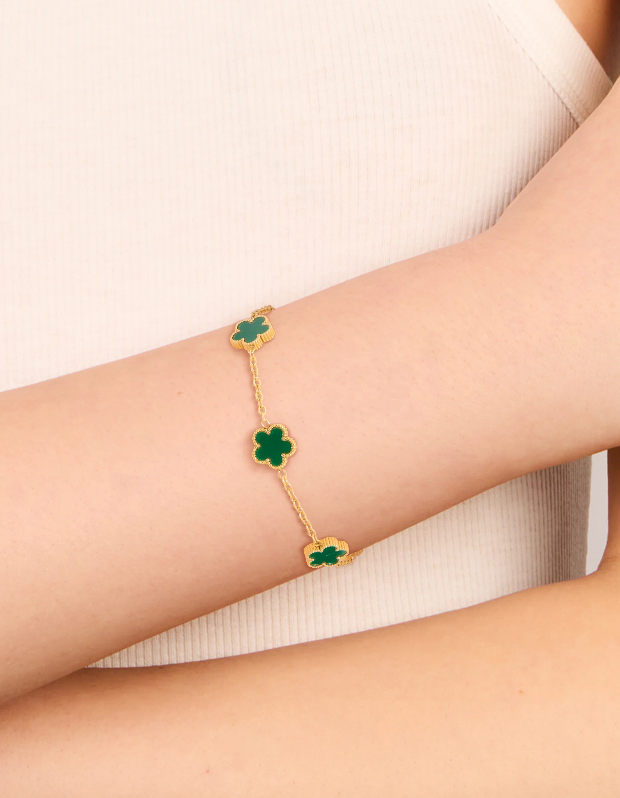 Waterproof Gold Plated Stainless Steel Dark Green Petal Flower Charm Bracelet - Image 2