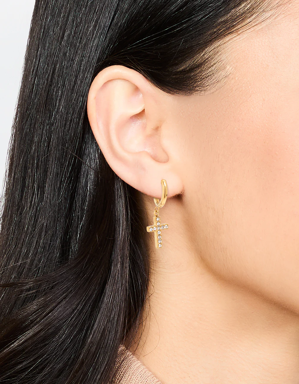 Waterproof Gold Plated Stainless Steel Diamante Cross Huggie Earrings - Image 2