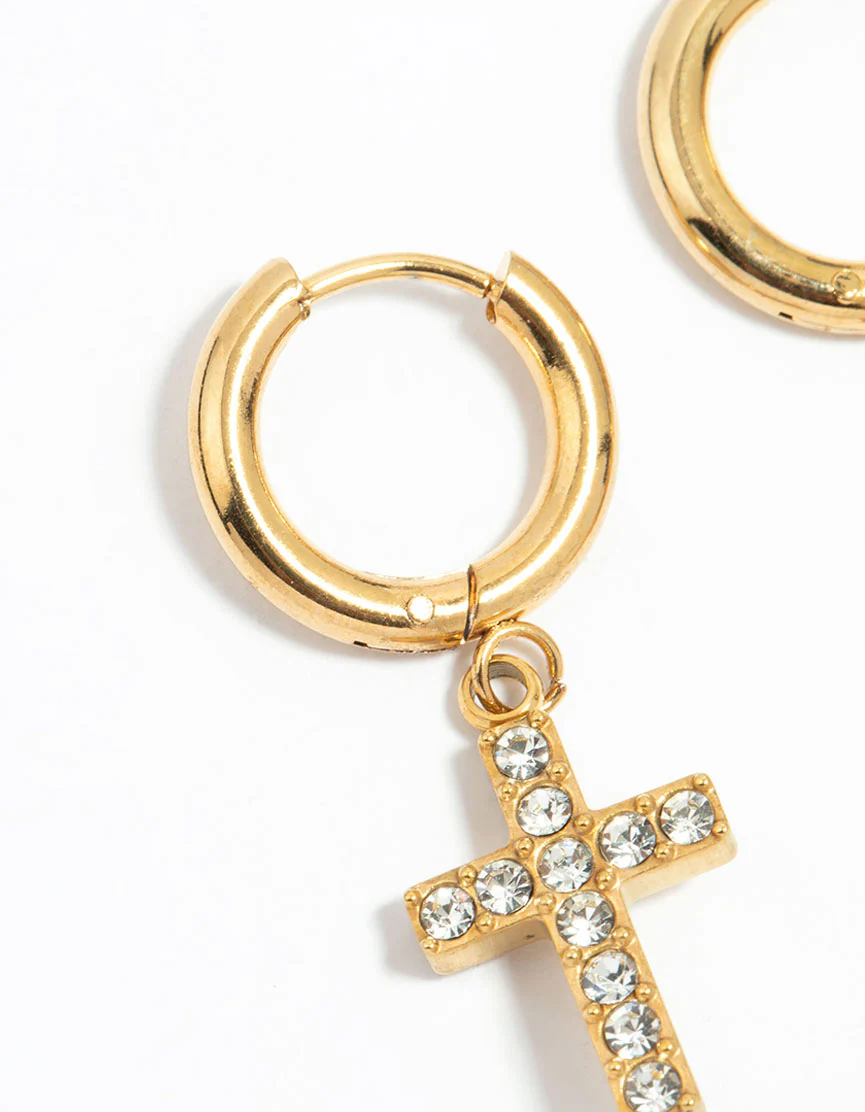 Waterproof Gold Plated Stainless Steel Diamante Cross Huggie Earrings - Image 4