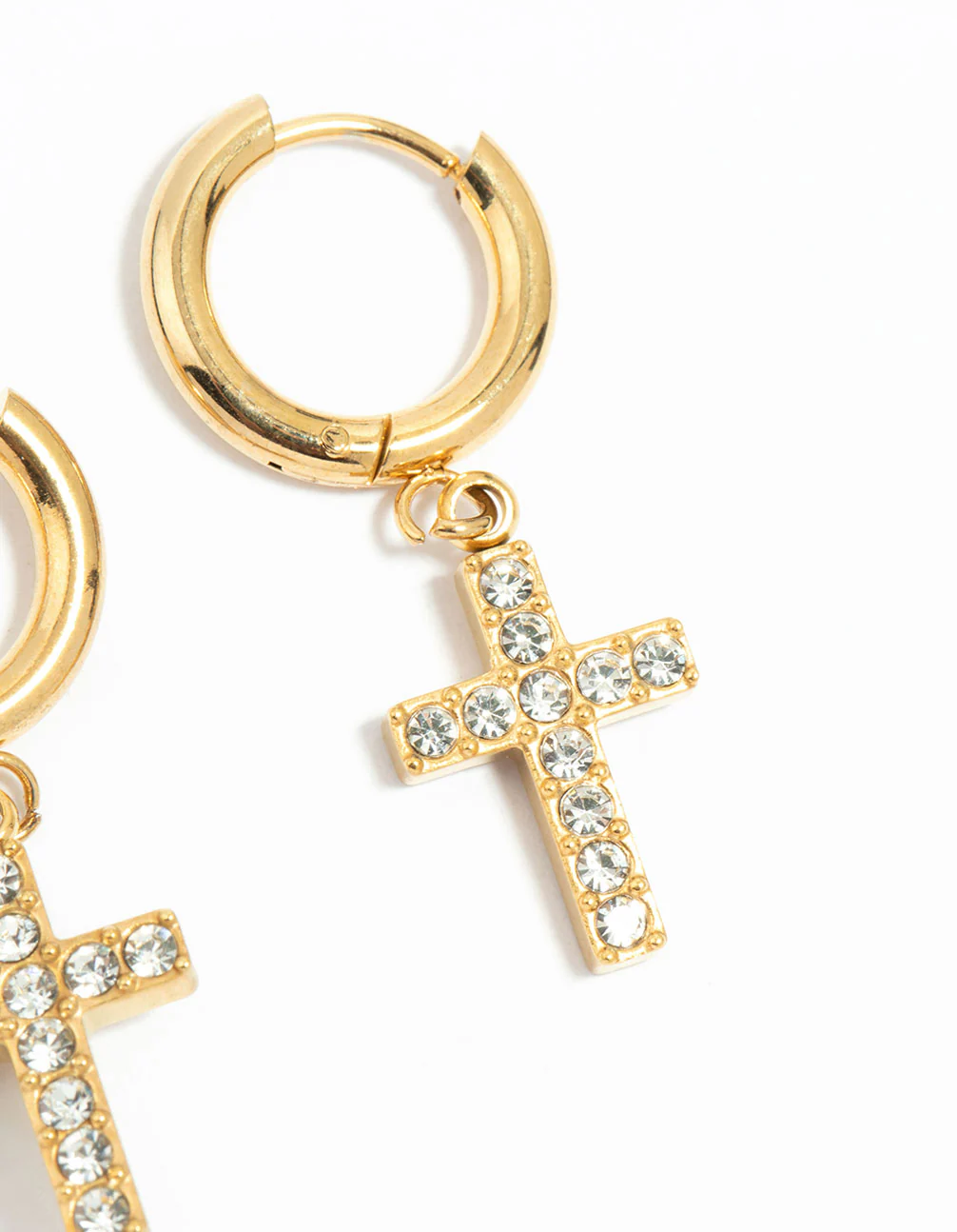 Waterproof Gold Plated Stainless Steel Diamante Cross Huggie Earrings - Image 5