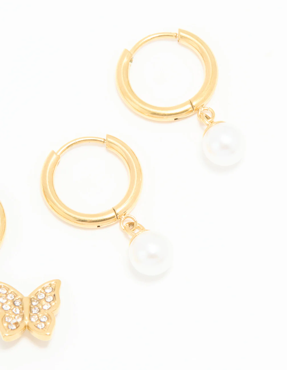 Waterproof Gold Plated Stainless Steel Diamante & Freshwater Pearl Butterfly Huggie Earrings 2-Pack - Image 3