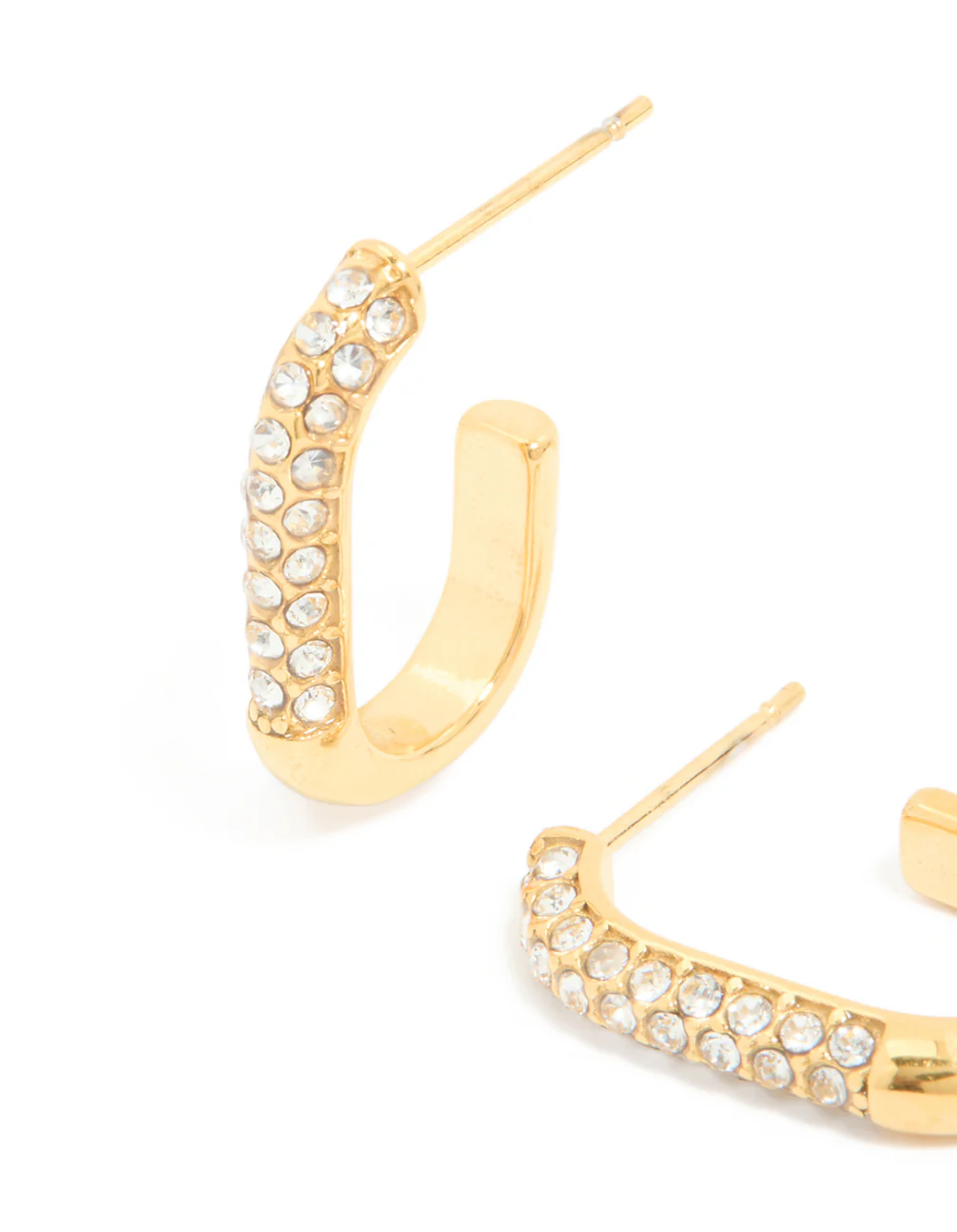 Waterproof Gold Plated Stainless Steel Diamante Half Oval Hoop Earrings - Image 2