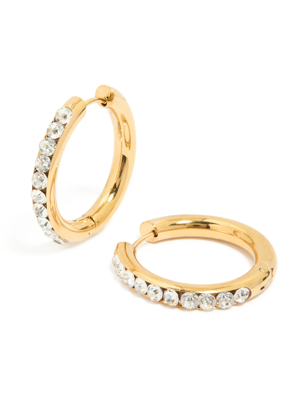 Waterproof Gold Plated Stainless Steel Diamante Hinged Half Hoop Earrings - Image 2