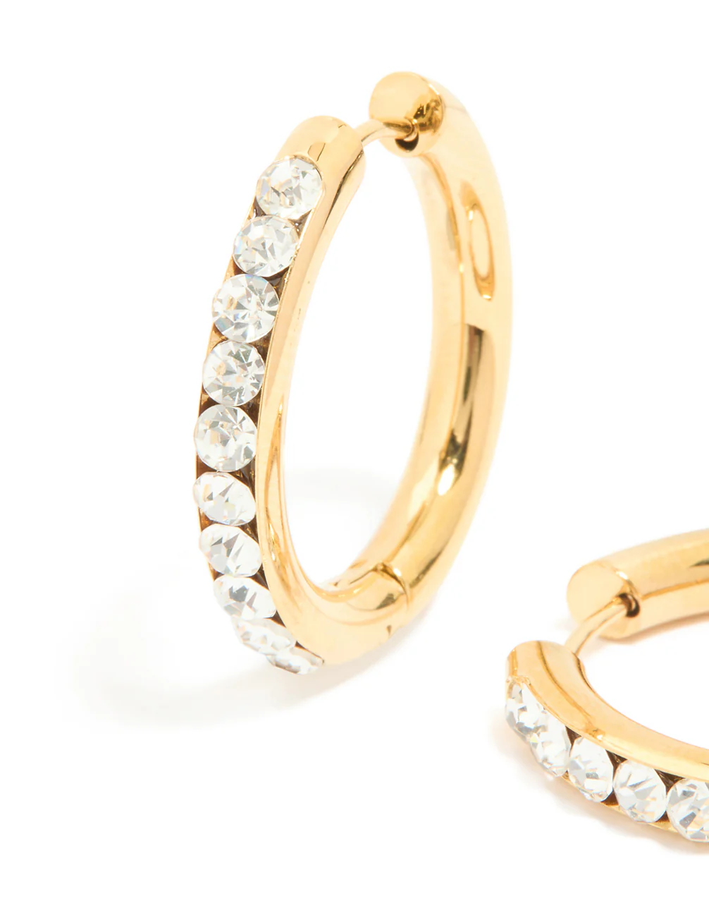 Waterproof Gold Plated Stainless Steel Diamante Hinged Half Hoop Earrings - Image 4