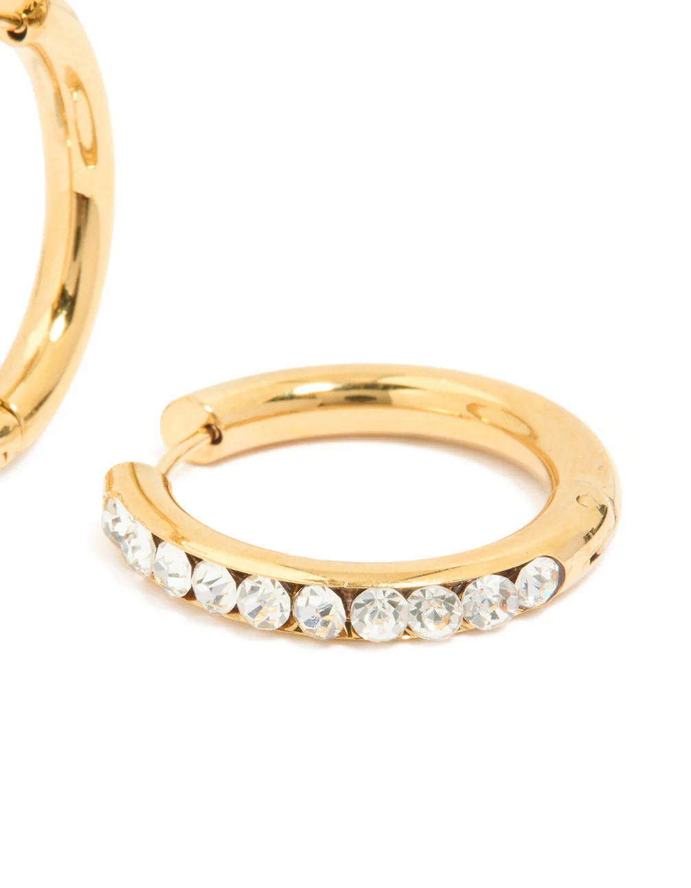 Waterproof Gold Plated Stainless Steel Diamante Hinged Half Hoop Earrings - Image 5