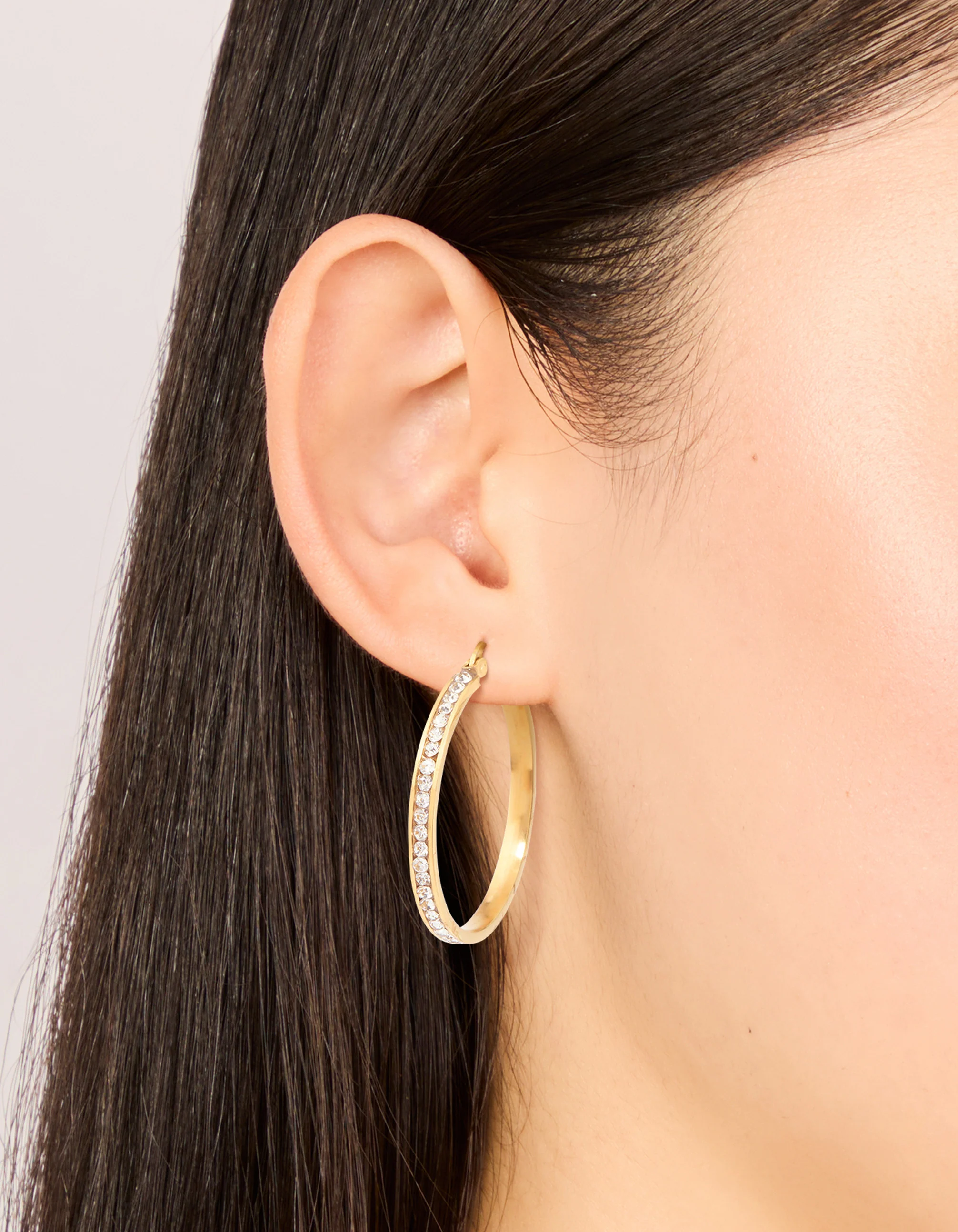 Waterproof Gold Plated Stainless Steel Diamante Hoop Earrings 35 MM - Image 4