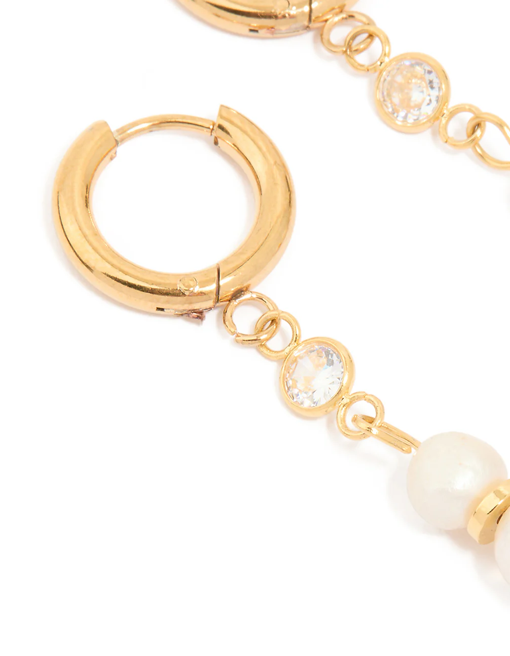 Waterproof Gold Plated Stainless Steel Diamante & Pearl Chain Huggie Earrings - Image 4