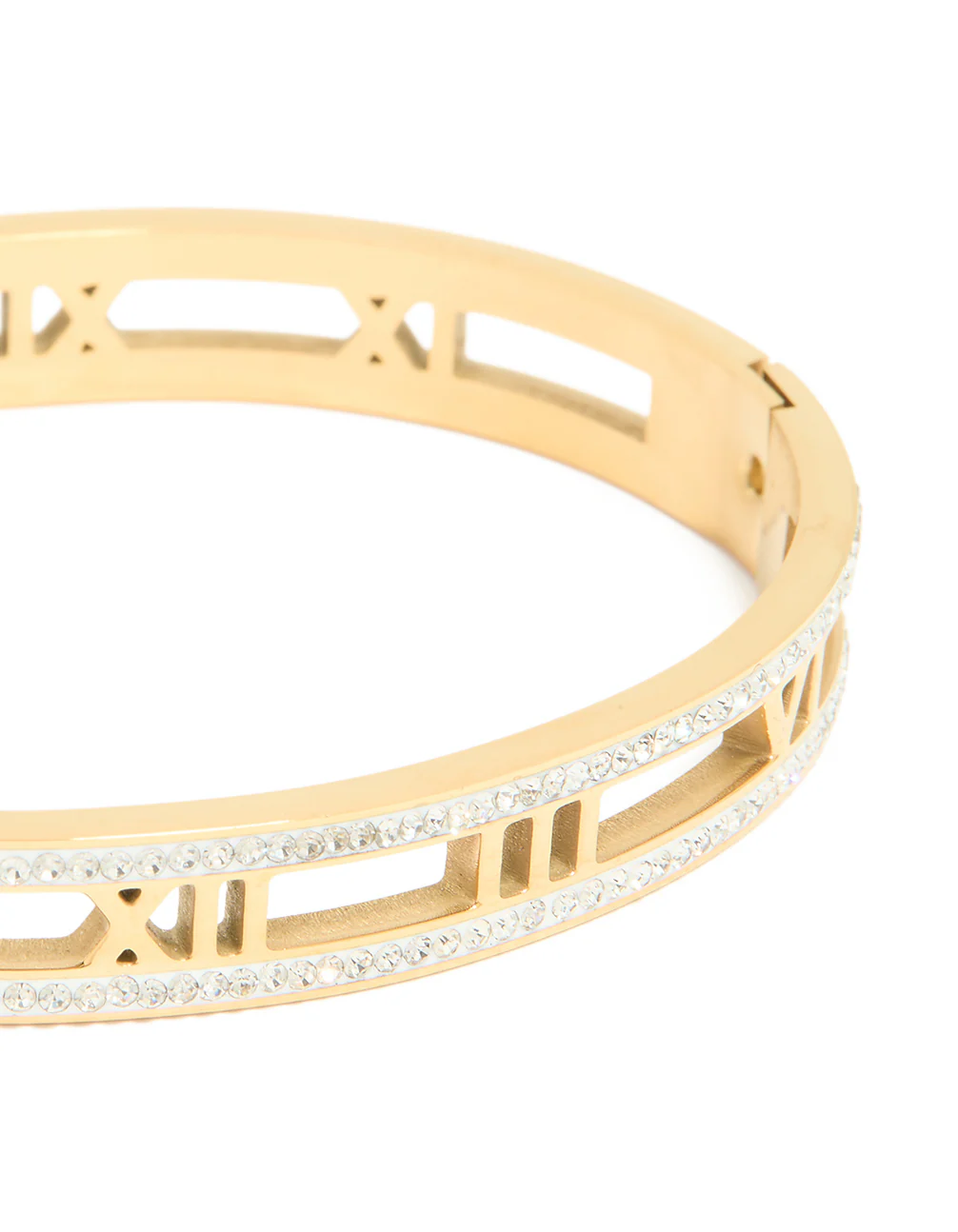 Waterproof Gold Plated Stainless Steel Diamante Roman Numeral Bangle - Image 4