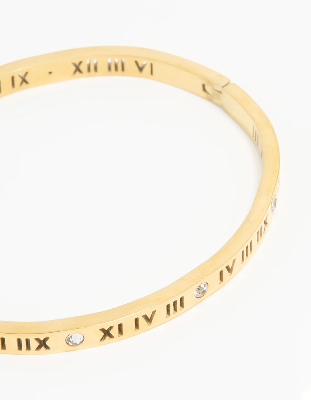 Waterproof Gold Plated Stainless Steel Diamante Roman Numeral Hinge Bangle - Image 2