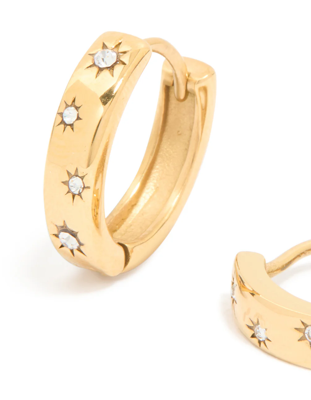Waterproof Gold Plated Stainless Steel Diamante Star Clicker Hoop Earrings - Image 2