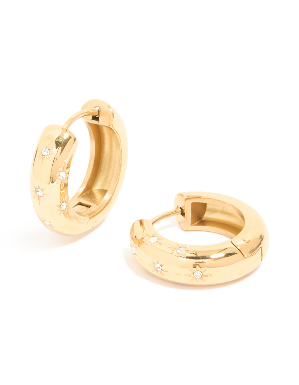 Waterproof Gold Plated Stainless Steel Diamante Star Huggie Earrings - Image 2