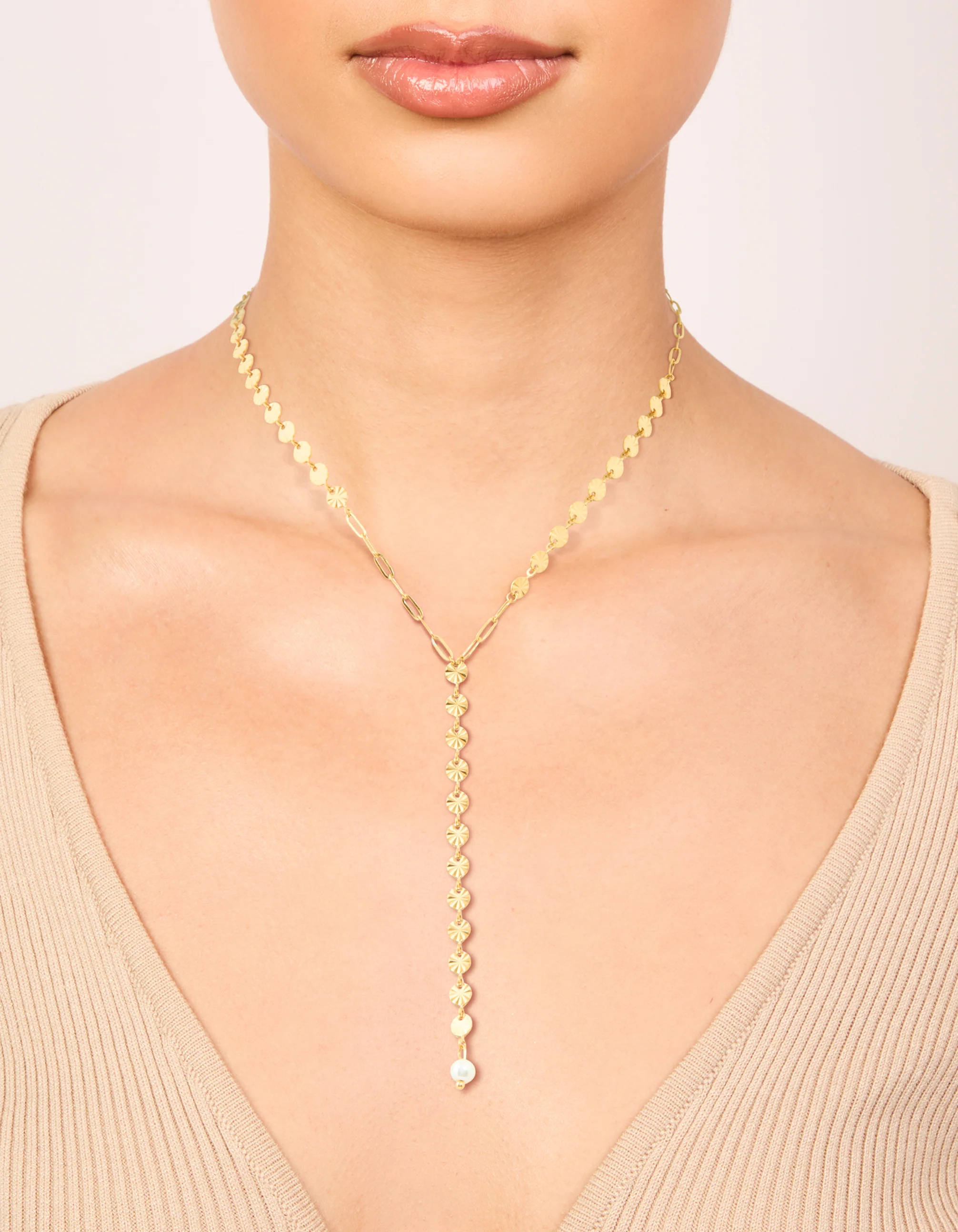Waterproof Gold Plated Stainless Steel Disc Chain Y-Necklace - Image 2