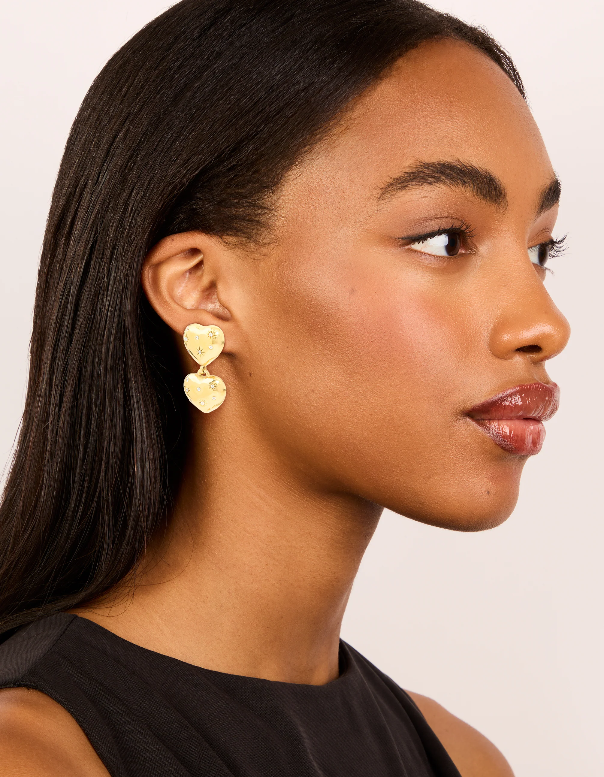 Waterproof Gold Plated Stainless Steel Double Chunky Heart Earrings - Image 3