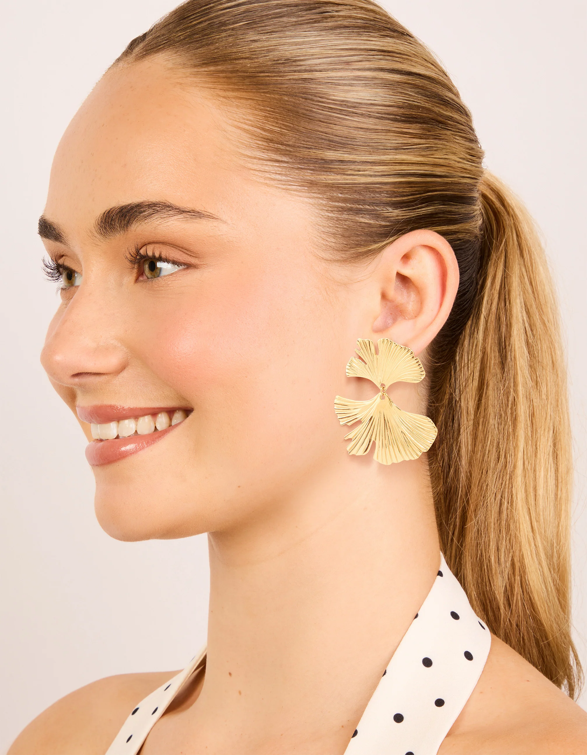Waterproof Gold Plated Stainless Steel Double Ribbed Fan Drop Earrings - Image 3