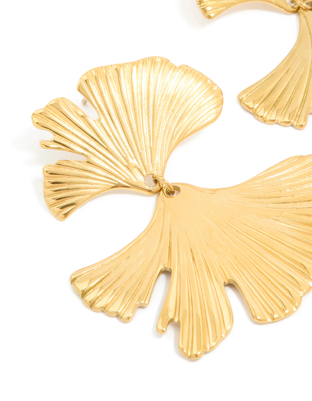 Waterproof Gold Plated Stainless Steel Double Ribbed Fan Drop Earrings - Image 4