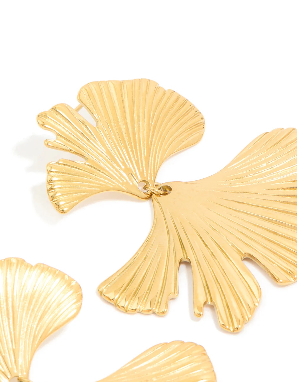 Waterproof Gold Plated Stainless Steel Double Ribbed Fan Drop Earrings - Image 5