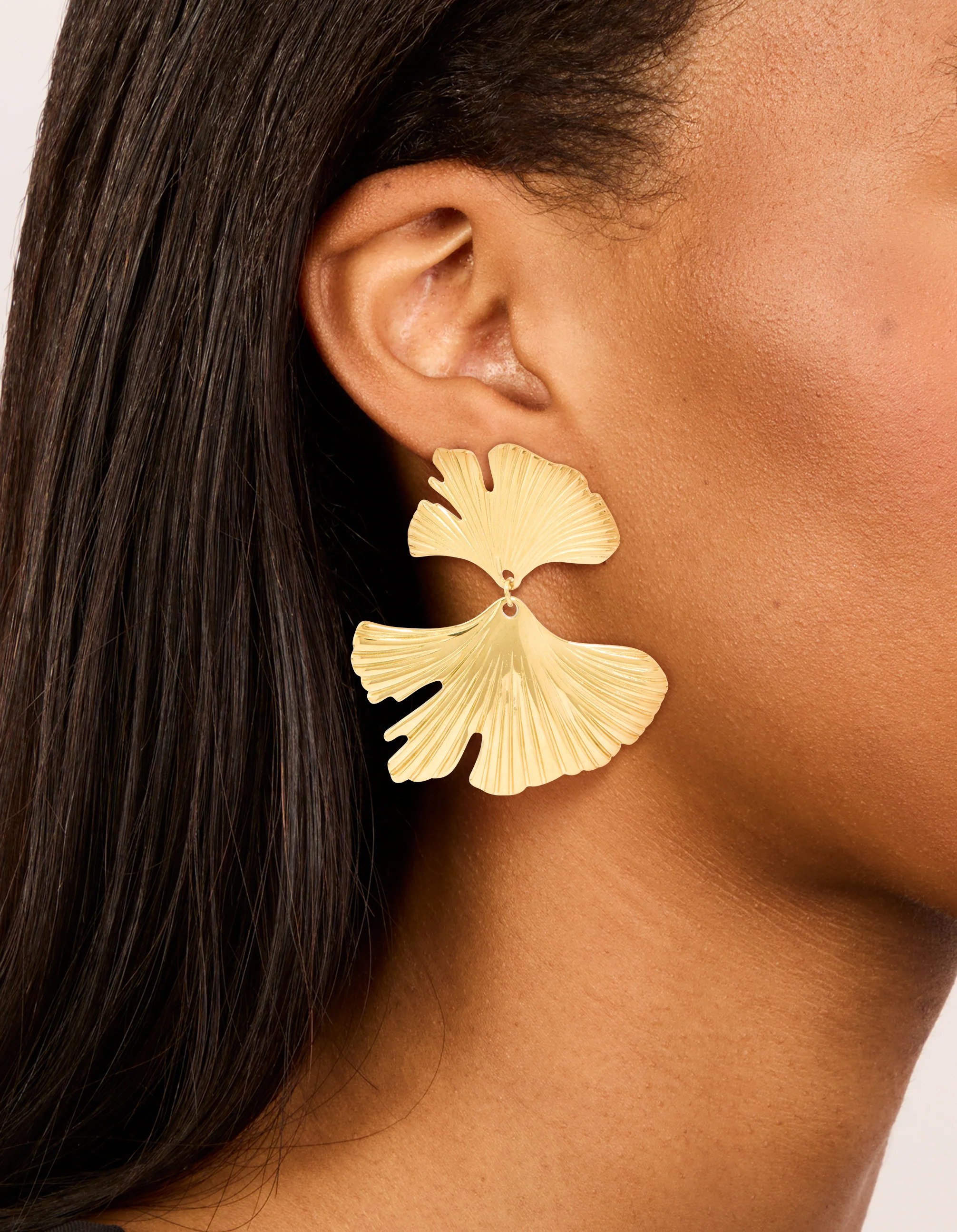 Waterproof Gold Plated Stainless Steel Double Ribbed Fan Drop Earrings - Image 6
