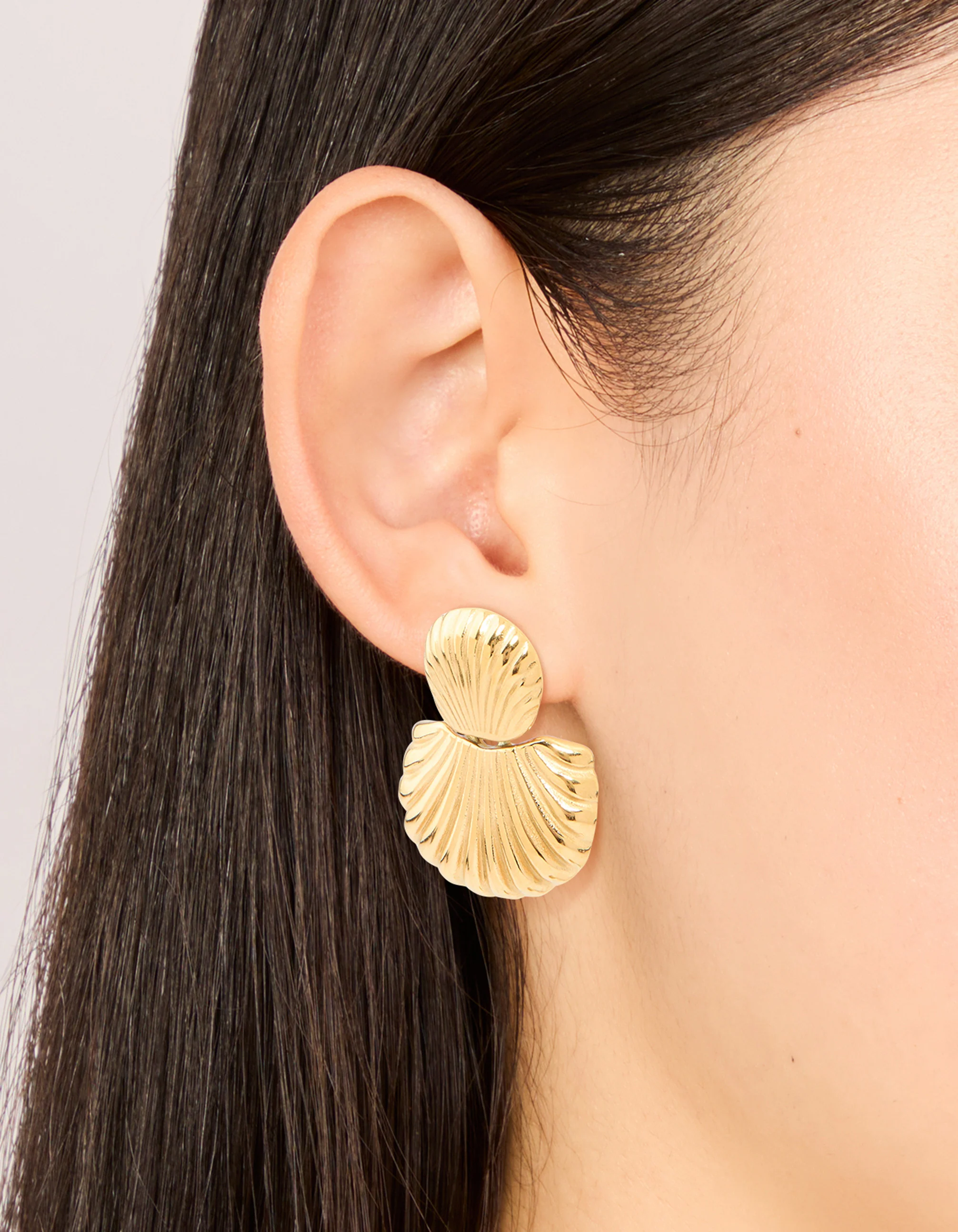 Waterproof Gold Plated Stainless Steel Double Shell Stud Drop Earrings - Image 4