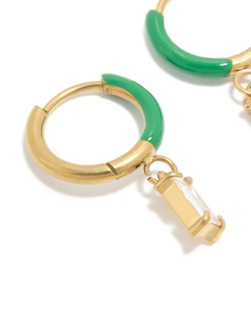 Waterproof Gold Plated Stainless Steel Emerald Green Enamel Cubic Zirconia Charm Huggie Earrings - Image 4