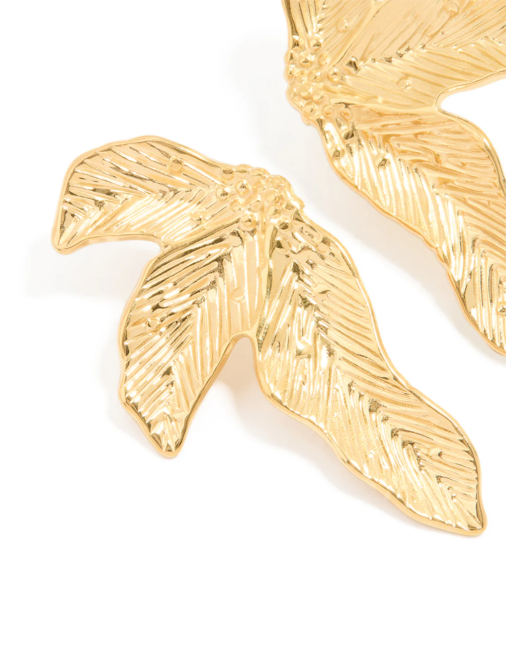Waterproof Gold Plated Stainless Steel Etched Leaf Earrings - Image 2