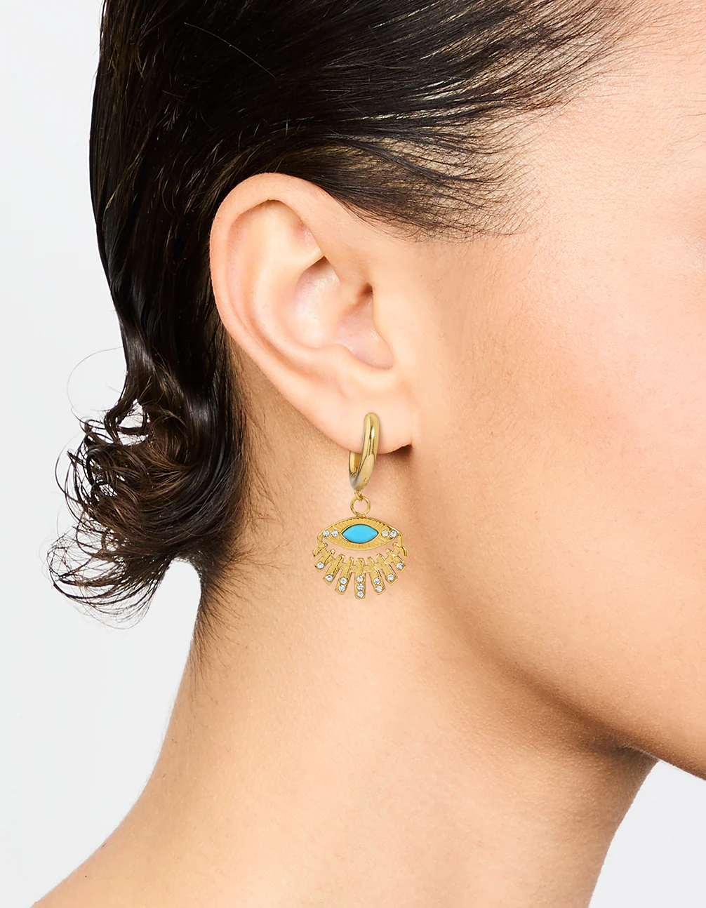 Waterproof Gold Plated Stainless Steel Fan Evil Eye Drop Earrings - Image 2