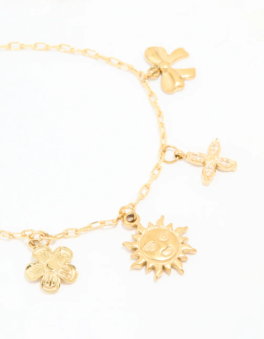 Waterproof Gold Plated Stainless Steel Flower & Sun Charm Bracelet - Image 2