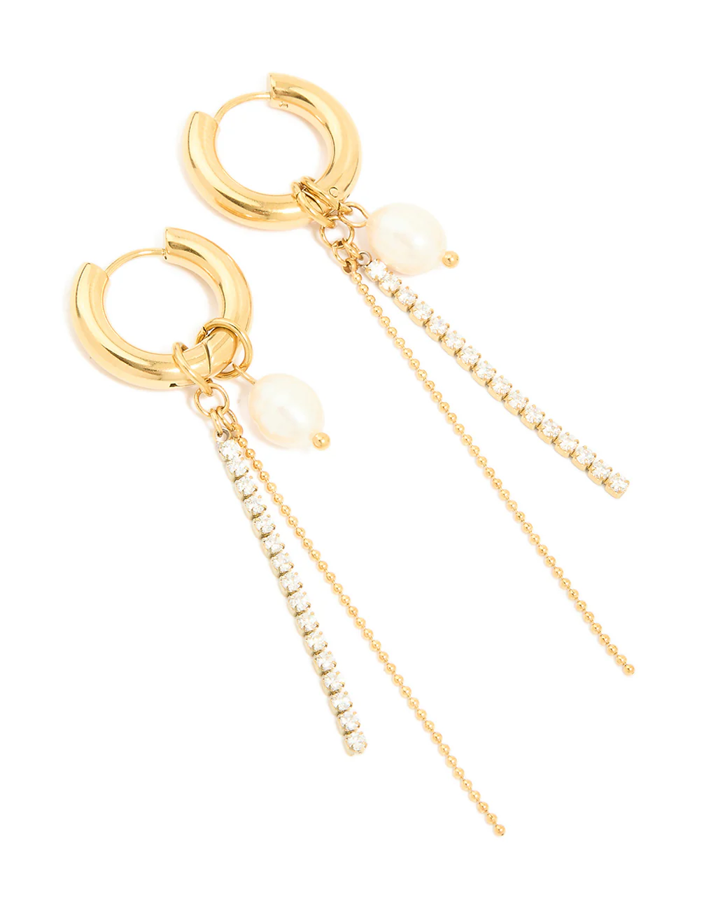 Waterproof Gold Plated Stainless Steel Freshwater Pearl & Diamante Cup Chain Huggie Earrings - Image 2