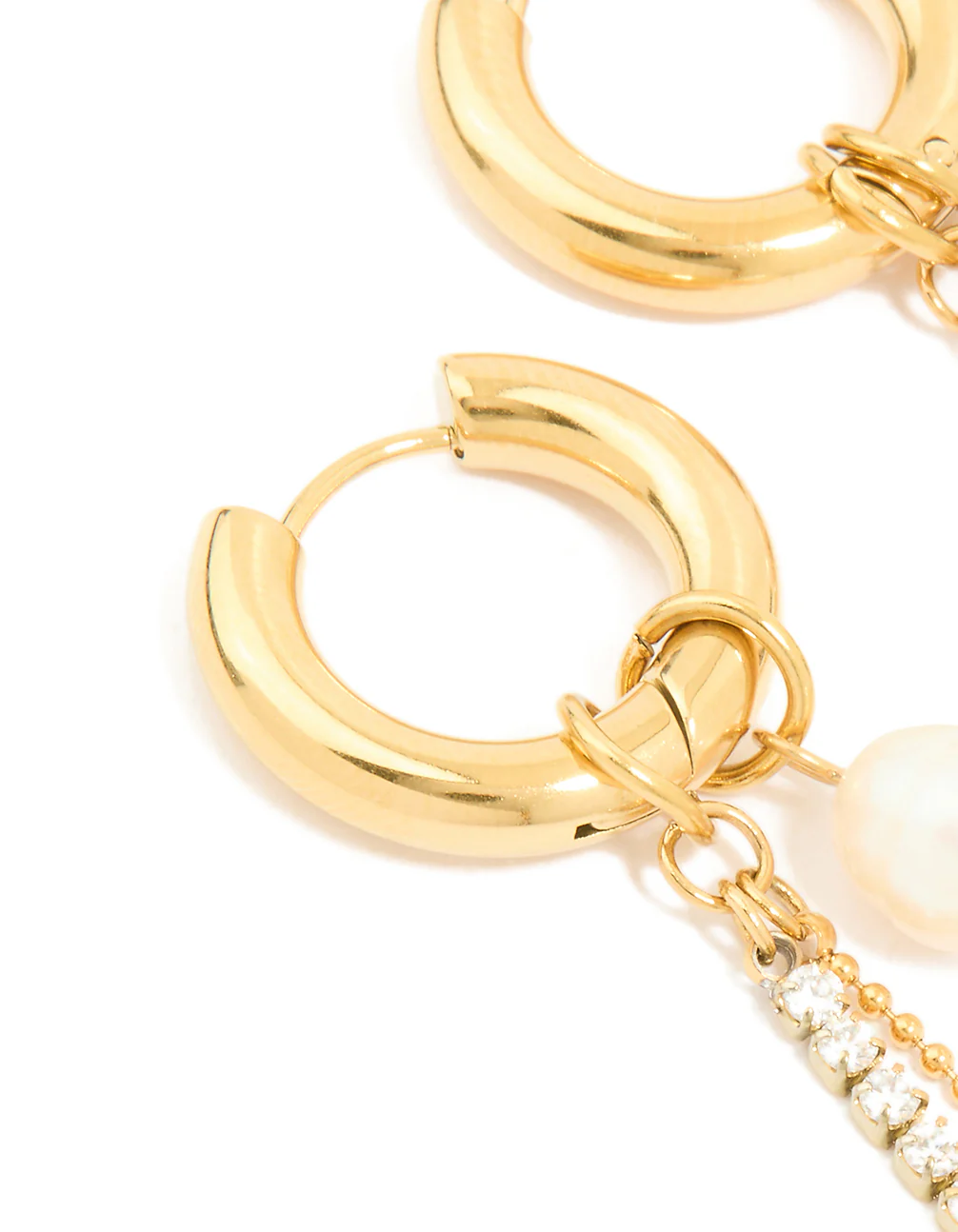 Waterproof Gold Plated Stainless Steel Freshwater Pearl & Diamante Cup Chain Huggie Earrings - Image 3