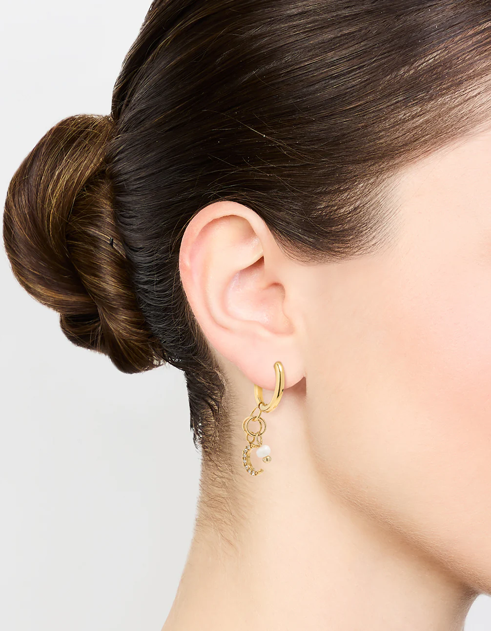 Waterproof Gold Plated Stainless Steel Freshwater Pearl & Moon Huggie Earrings - Image 2