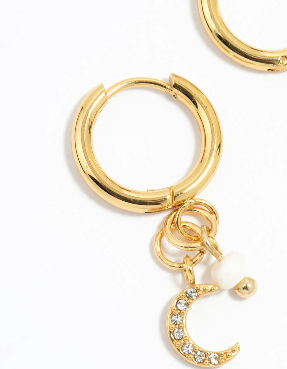 Waterproof Gold Plated Stainless Steel Freshwater Pearl & Moon Huggie Earrings - Image 4