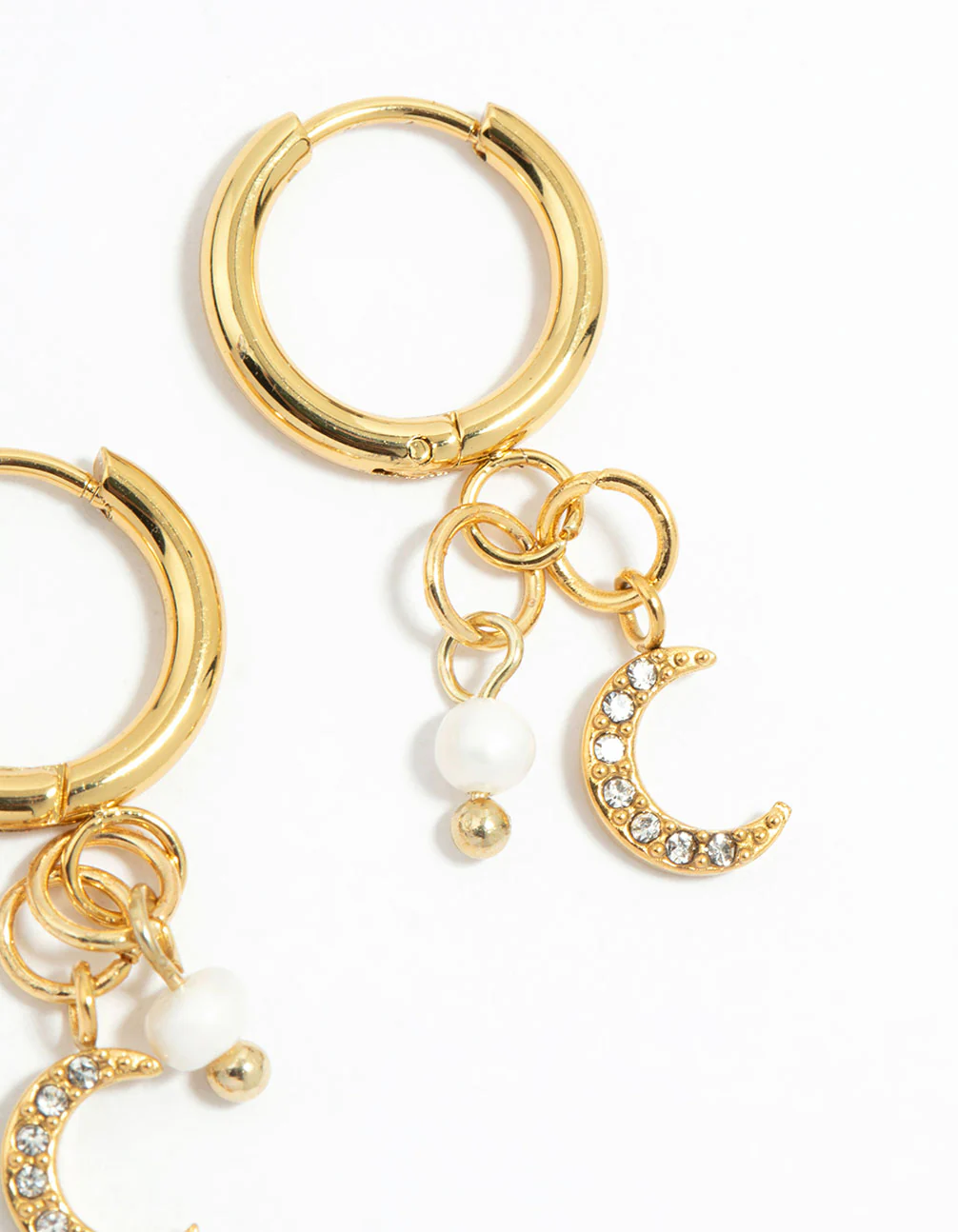 Waterproof Gold Plated Stainless Steel Freshwater Pearl & Moon Huggie Earrings - Image 5