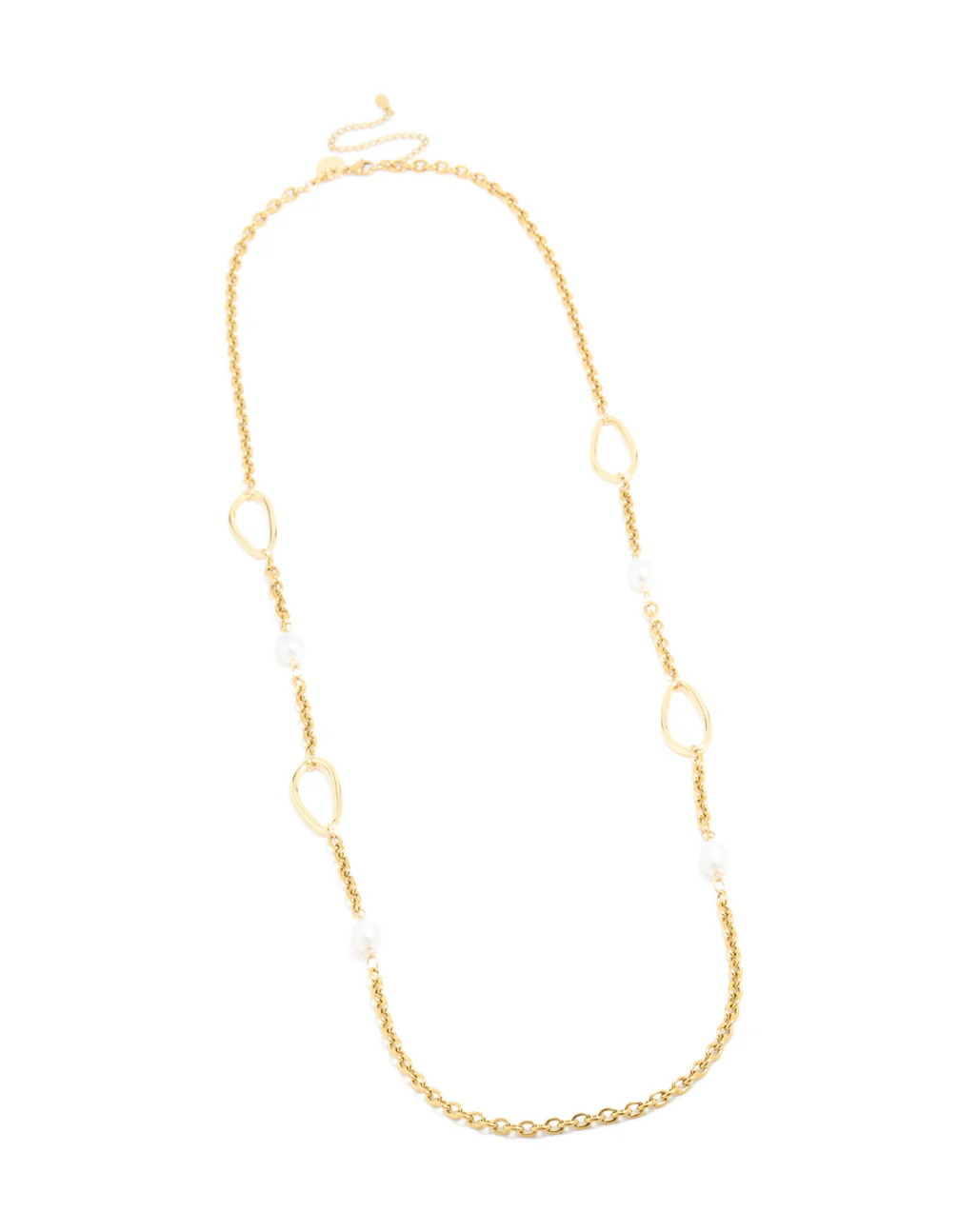 Waterproof Gold Plated Stainless Steel Freshwater Pearl & Open Circles Long Necklace - Image 2