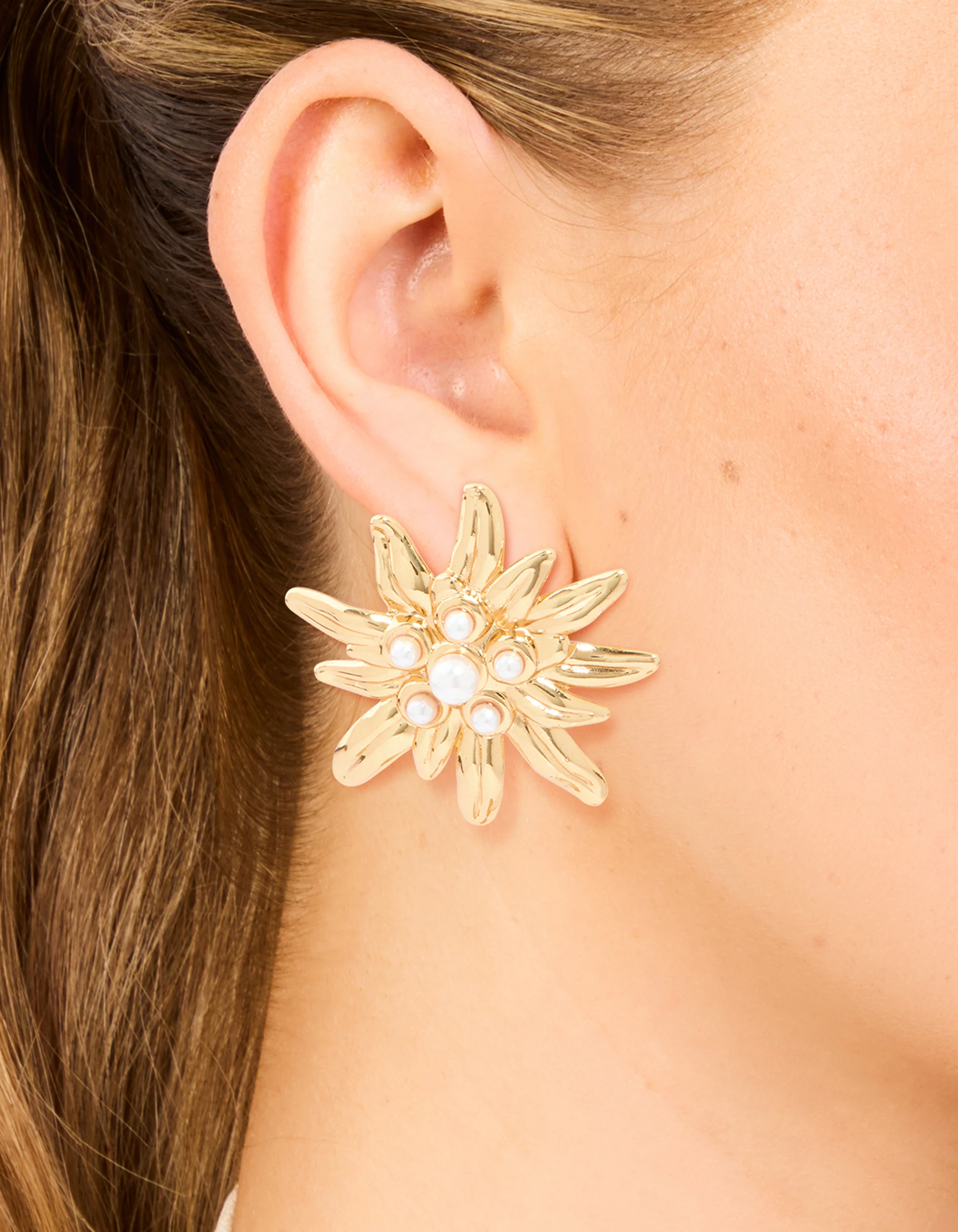 Waterproof Gold Plated Stainless Steel Freshwater Pearl Urchin Stud Earrings - Image 2