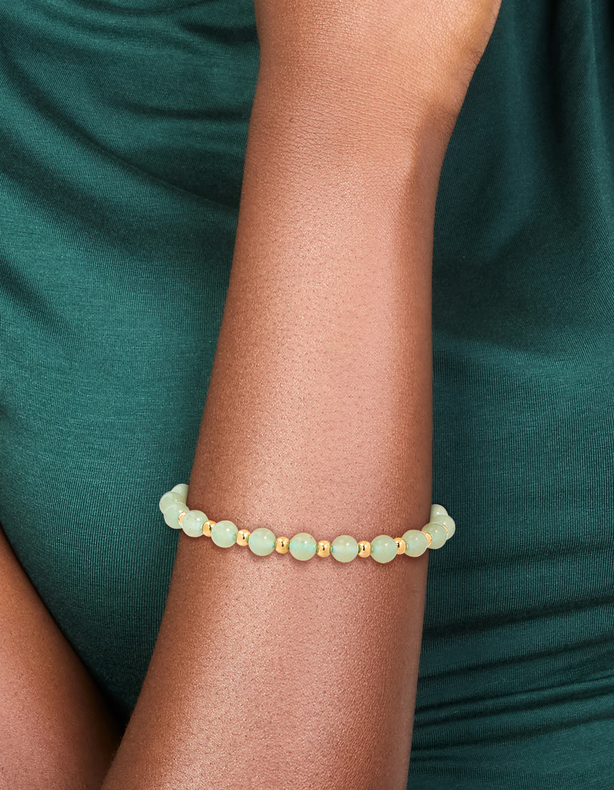 Waterproof Gold Plated Stainless Steel Green Beaded Stretch Bracelet - Image 2