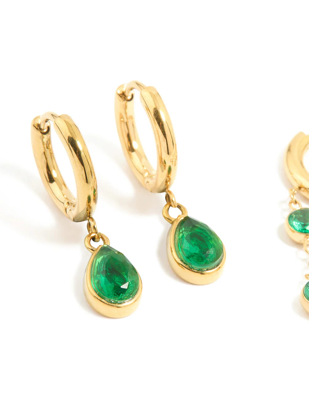 Waterproof Gold Plated Stainless Steel Green Cubic Zirconia Huggie Earrings 2-Pack - Image 2