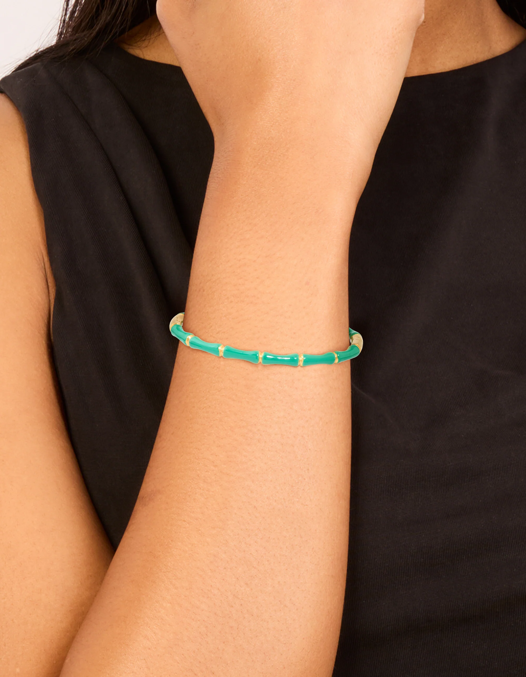 Waterproof Gold Plated Stainless Steel Green Enamel Bamboo Bangle - Image 2