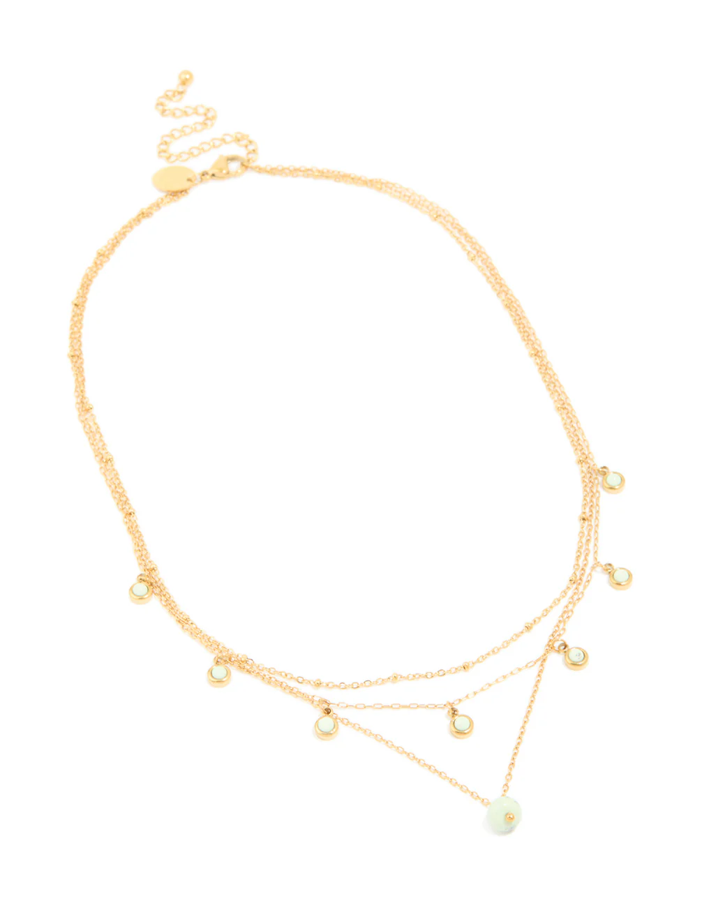 Waterproof Gold Plated Stainless Steel Green Jade Semi Precious Stone Pendant & Chain Layered Necklace - Image 2
