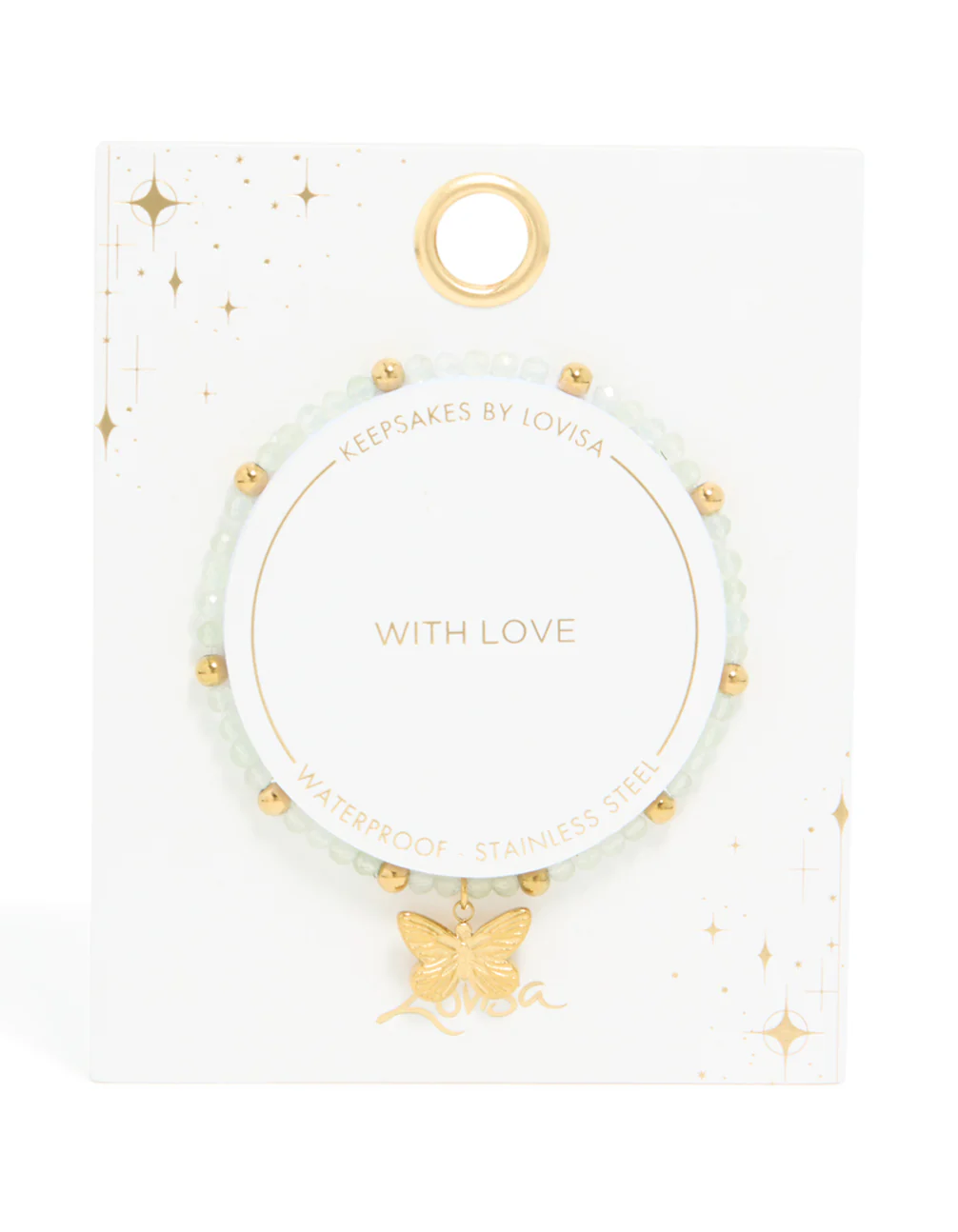 Waterproof Gold Plated Stainless Steel Green Semi Precious Stone Butterfly Stretch Bracelet - Image 5