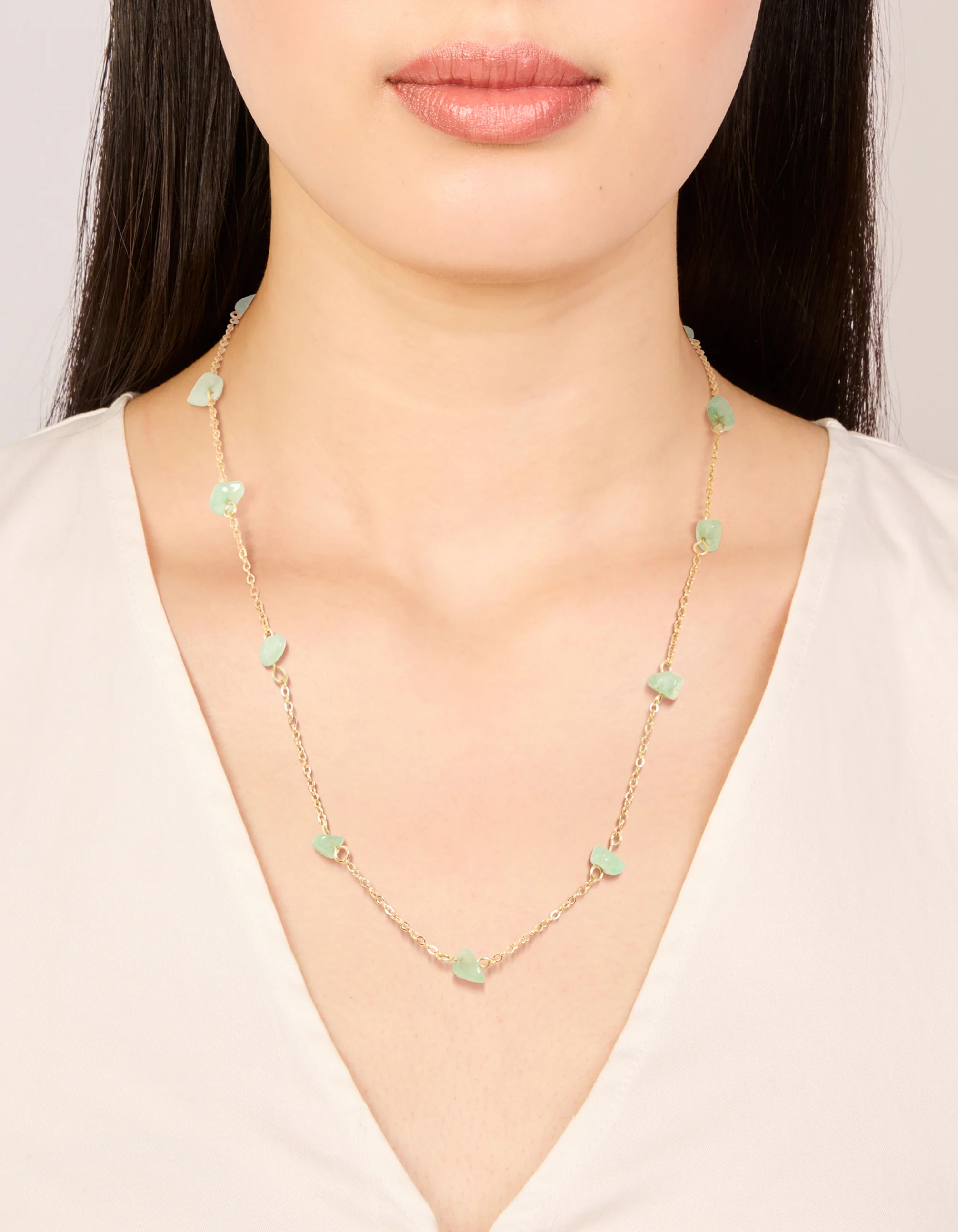 Waterproof Gold Plated Stainless Steel Green Semi Precious Stone Chip Necklace - Image 2