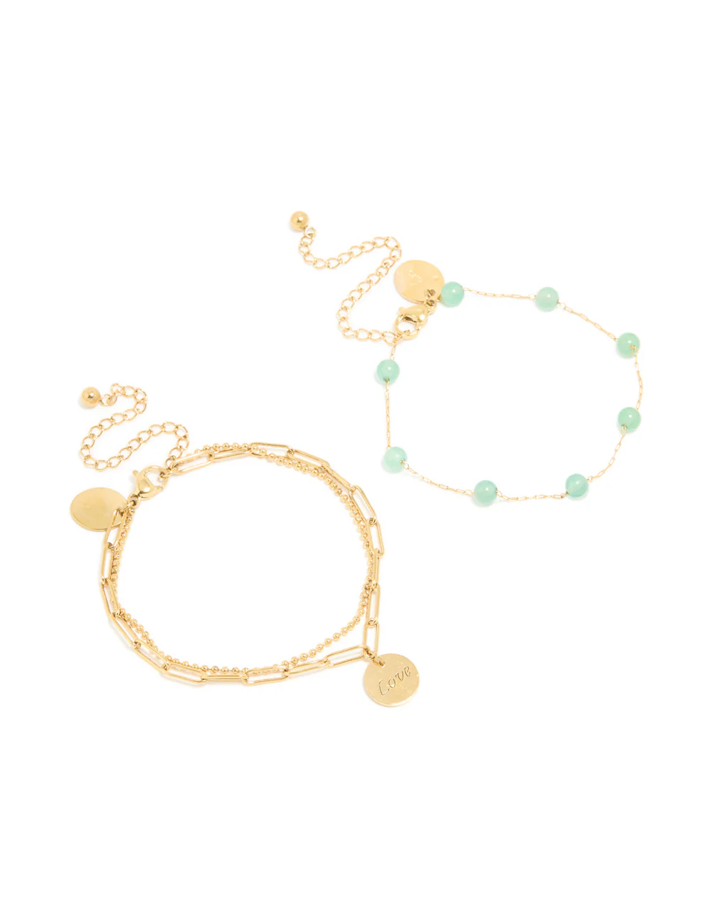 Waterproof Gold Plated Stainless Steel Green Semi Precious Stone & Love Bracelet 2-Pack