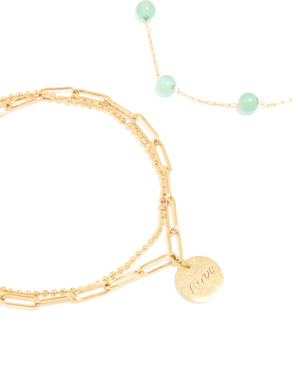 Waterproof Gold Plated Stainless Steel Green Semi Precious Stone & Love Bracelet 2-Pack - Image 2